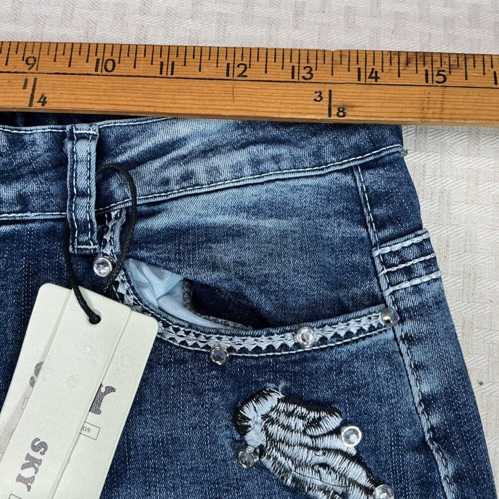 Sky Premium Women's Size 13 Blue Bootcut embellished Angel Wings Skull Jeans - Picture 8 of 12